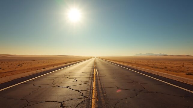 A solitary stretch of sun-scorched highway slicing through an endless desert plain, shimmering heatwaves rising from the cracked asphalt, distant dunes fading into a hazy horizon under a blazing sky