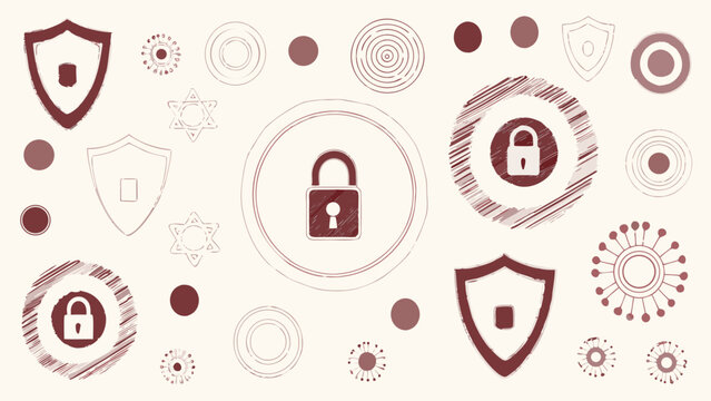 Digital security concept with shield and lock icons in flat illustration style on cream background