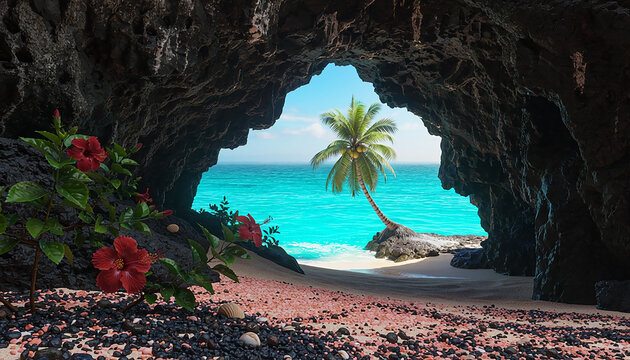 Tropical Paradise Beach View from a Volcanic Cave Generative AI