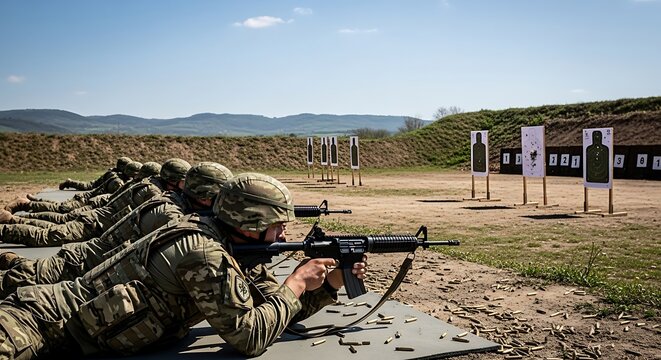 Military soldiers at shooting range.