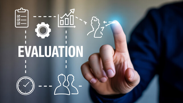 A businessmans finger touches a virtual screen displaying the word Evaluation with relevant icons
