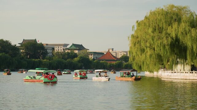 Paddleboats crowd urban lake under willow families and couples rent colorful boats, gentle ripples and reflection shimmer across calm water, lowrise city skyline and park backdrop, rental staff guide