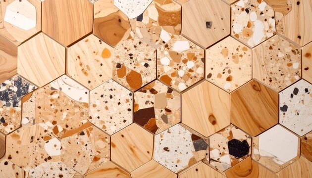 Wooden texture with small terrazzo pattern marble background, geometric pattern, hexagonal.