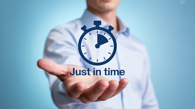 Professional person showing a just in time stopwatch icon above an open hand representing efficient business operations