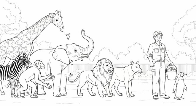 Zoo keeper and wild animals coloring page illustration