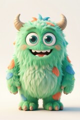 Fototapeta premium Cute Green Monster Character with Horns on White Background