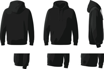 Black hoodie mockup and turnaround template with front, back, and side views isolated on white background. © MDABU