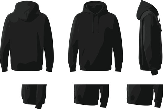 Black hoodie mockup and turnaround template with front, back, and side views isolated on white background.