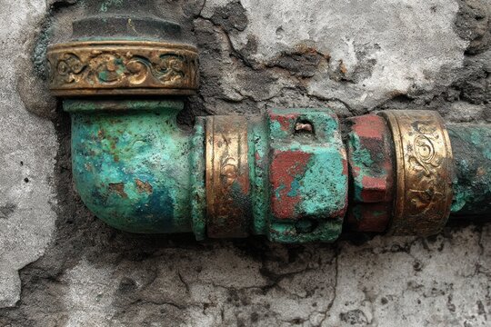 Antique copper pipe with verdigris patina on aged wall