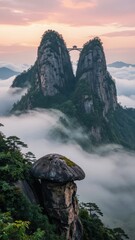 Mountain Landscape Shrouded in Ethereal Morning Mist