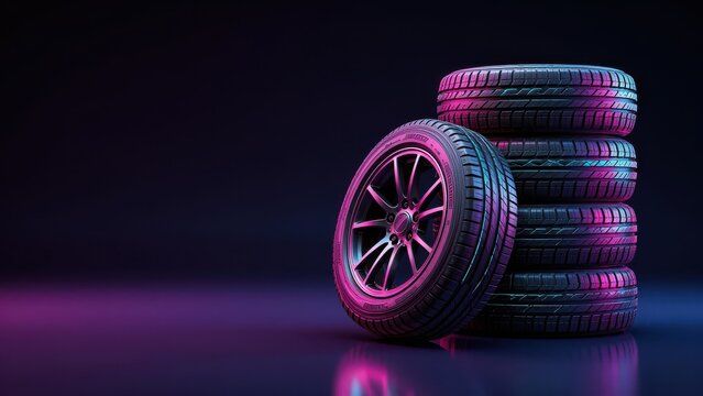 Stack of Metallic Tire Tread Wheels on Dark Background