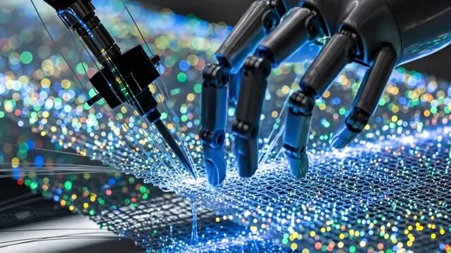 Advanced robotic arm meticulously assembling intricate nanotechnology structure with glowing blue light particles and bokeh background symbolizing futuristic innovation