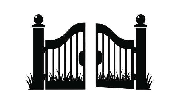 black silhouette of ornate wrought iron gates with decorative finials and grass isolated on white high quality professional detailed modern elegant stylish clean crisp