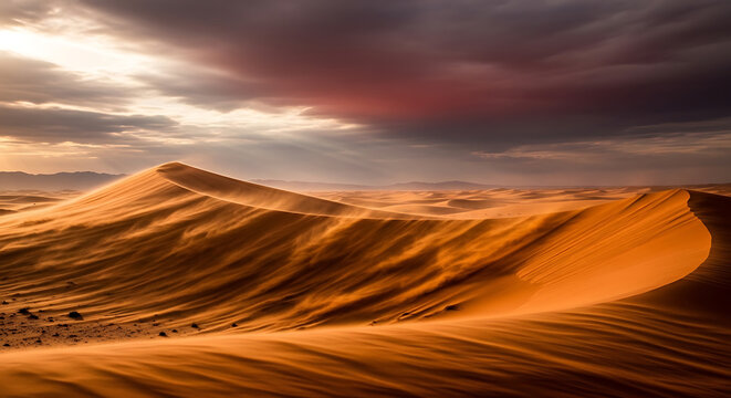 Dramatic desert landscape with towering dunes and stormy sky