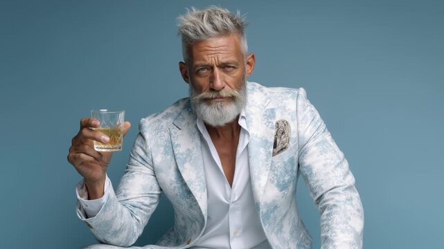 Stylish senior man in white floral suit holding a glass of whiskey against blue background.