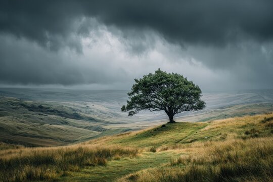 Stormy Serenity: Lone Tree on Rolling Hills