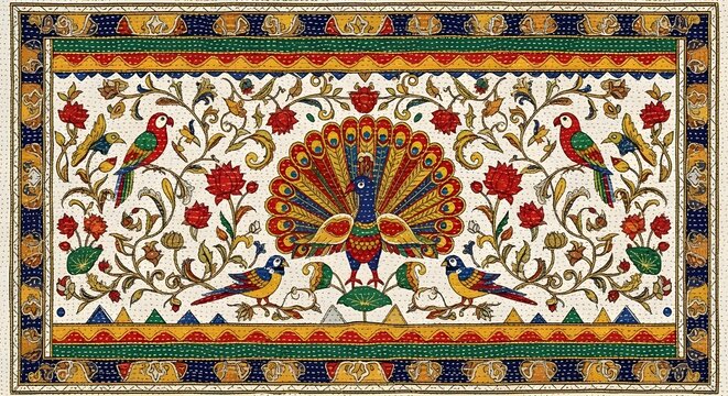 Traditional Nakshi Kantha embroidery illustration with peacock and floral pattern