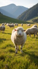 Obraz premium Several sheep grazing on a sunny day in an alpine field with mountains in the background.