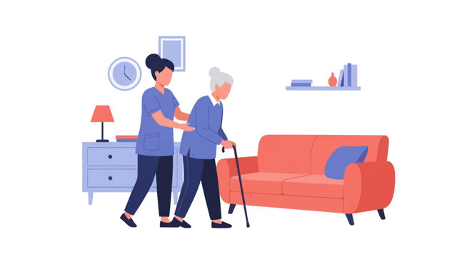 Vector illustration of a female caregiver in scrubs assisting an elderly woman with a walking stick in a home setting with a sofa and furniture, representing senior home care services.