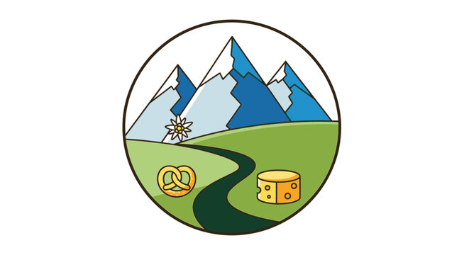 Mountain landscape with road and symbols.