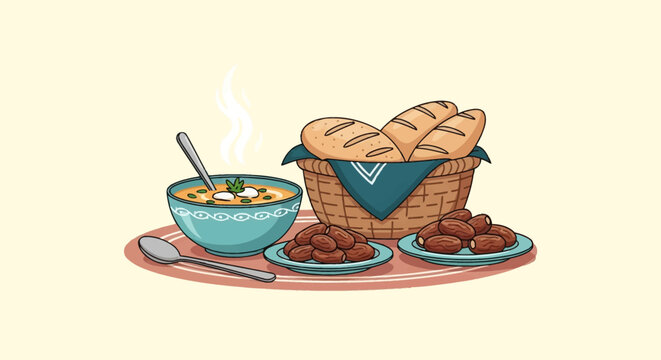 A factual illustration of a traditional Islamic Iftar break-fast meal including a hot bowl of soup with herbs, two servings of dates, and fresh bread rolls in a wicker basket.