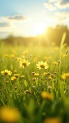 Fototapeta premium Bright yellow flowers in field with sunshine filtering through the clouds.