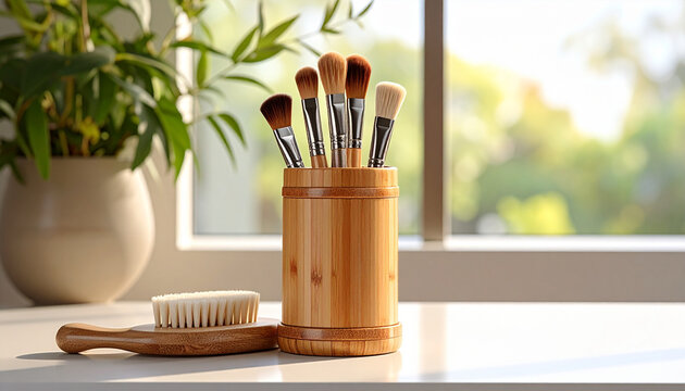 Cosmetic brushes in bamboo holder on white surface near a window