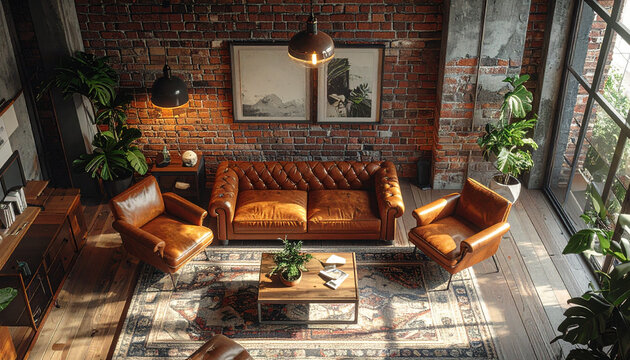 Cozy living room interior with leather furniture
