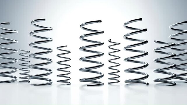 Dynamic motion of metallic coiled springs in varying sizes showcasing a rhythmic bounce and elasticity against a clean reflective gradient background symbolizing resilience