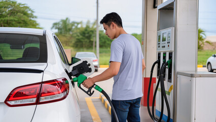 Man refueling white car with nozzle. ​Green fuel handle in car tank. ​Driver stands by white modern sedan. ​Gas station pump with digital screen. ​Close-up of white car rear light. ​Refilling vehicle  © Jakub