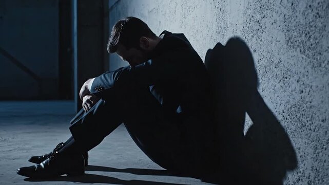 A man sits dejectedly on the ground against a wall in a dark alleyway