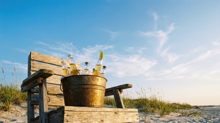 Naklejka premium Rustic wooden beach chair with a metal bucket of cold beer bottles on sand for summer vacation background and relaxed seaside scene