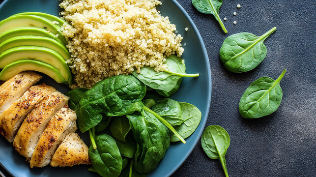 Nutritious chicken breast with fresh avocado quinoa spinach leaves on a blue plate weight loss