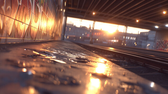 Gritty urban railway platform with tracks reflecting colorful sunset light and graffiti wall, platform