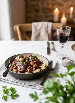 Generated ai set photos: Classic French Coq au Vin Served with Creamy Mashed Potatoes and Rich Red Wine Sauce