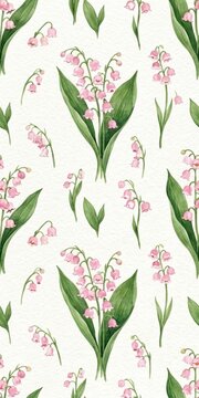 Elegant seamless pattern featuring hand-painted pink lily of the valley flowers with green leaves on a white background. Beautiful floral wallpaper.
