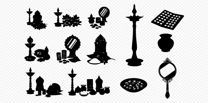 Onam Festival Silhouette Collection: Traditional Kerala Cultural Elements and Symbols.