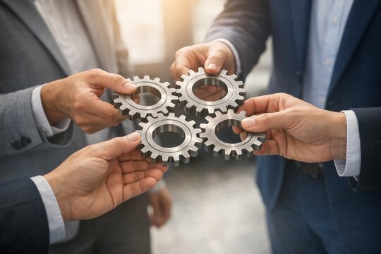 Business people in suits holding and connecting silver gears together. Concept of teamwork, partnership, industrial cooperation, and strategic success.