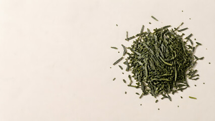 Fototapeta premium Sencha Tea Leaves Top View Background with Copy Space