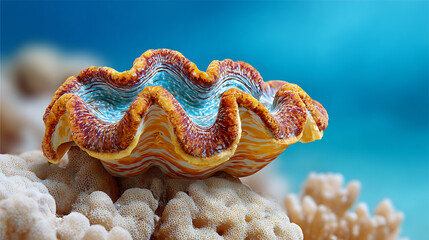 Giant clam resting in coral reef, highlighting reef diversity and endangered marine species. © Umaporn