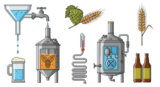 Detailed infographic style illustration of the beer brewing process including industrial machinery, ingredients, and final products.