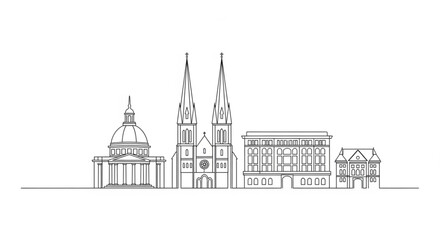 Obraz premium Minimal Line European Landmark Skyline Vector Featuring Cathedral Dome Palace and Historic Buildings Clean Architectural Outline Collection