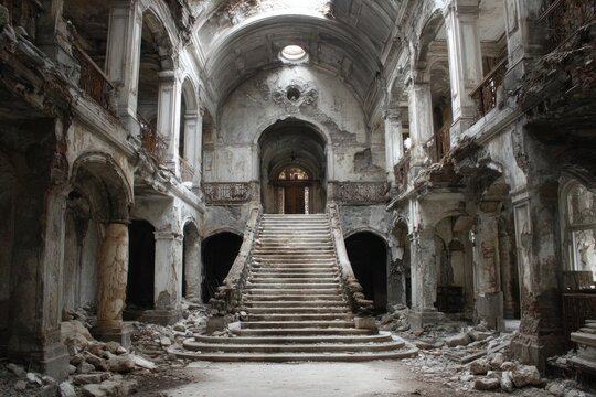 Decaying grand staircase in abandoned palace