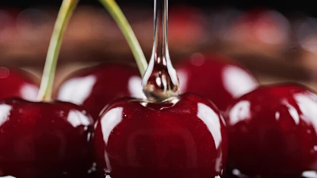Closeup of fresh cherries with water splashing and dripping.