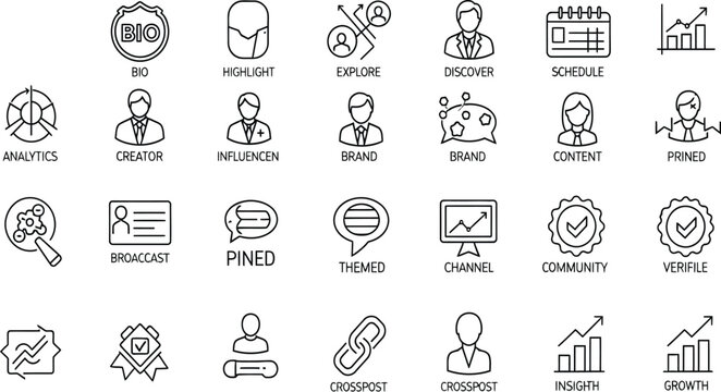 Black line icon set for multimedia content creation featuring audio voice recording video premiere collaboration loops social share and digital storytelling symbols