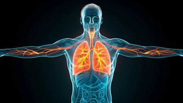 3D anatomy illustration of the human respiratory system anatomy, with the lungs highlighted