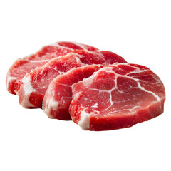Fototapeta premium Several thick, marbled slices of raw red meat, likely beef, are fanned out a dark . isolated on transparent background