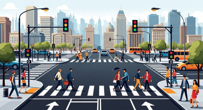 Busy City Street with Pedestrians Crossing at Traffic Lights.