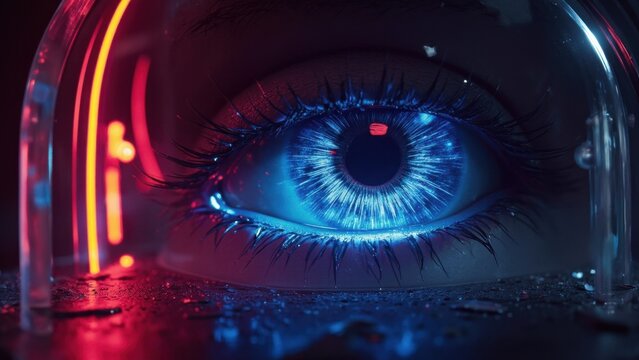 A close-up view of a human eye in a sensor, possibly used for medical or biometric purposes. The eye is illuminated with blue light and appears to be under examination.