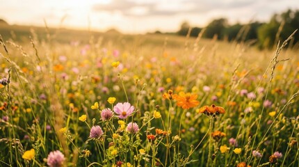 Obraz premium Wildflowers blooming in meadow with sunset light
